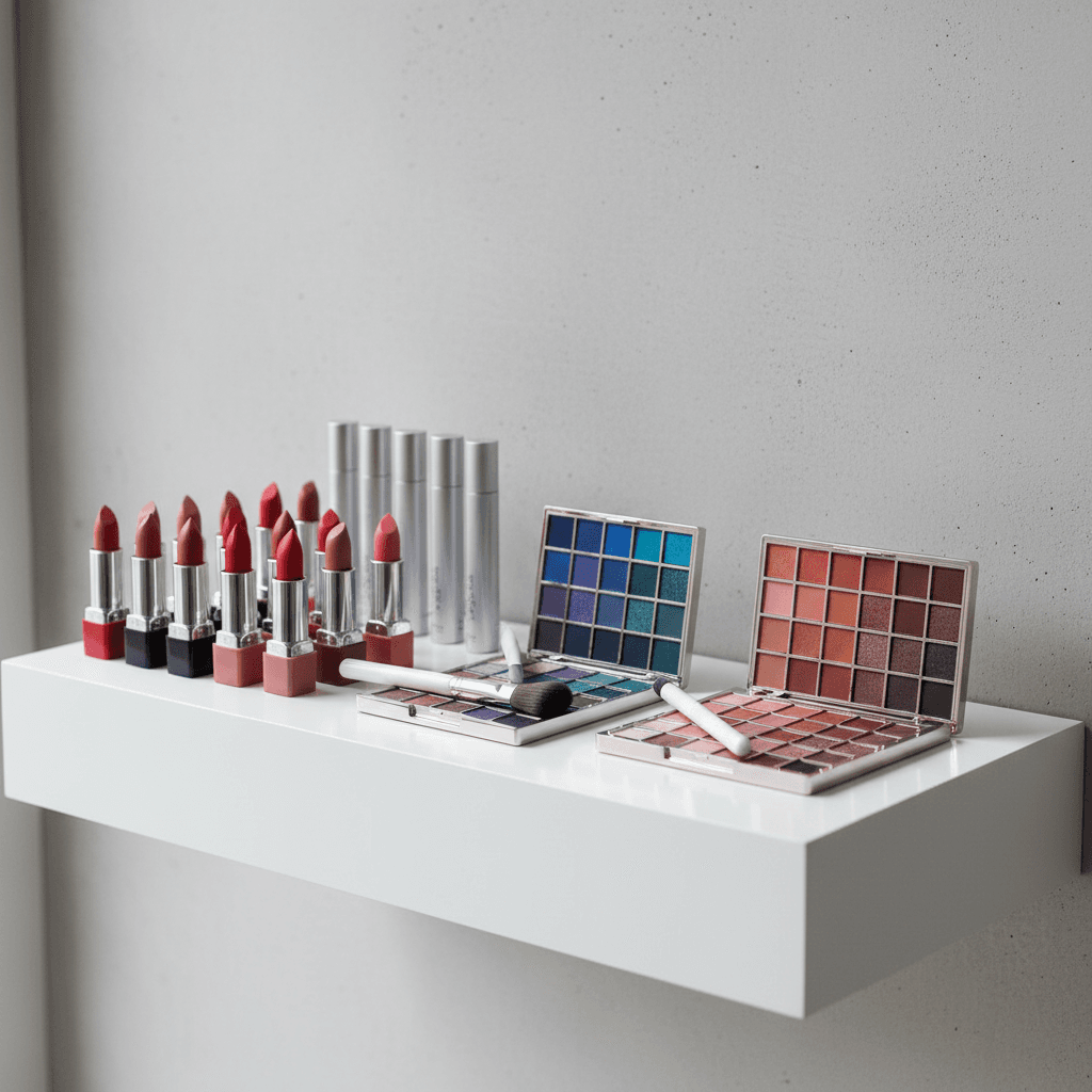 Makeup collection on a shelf