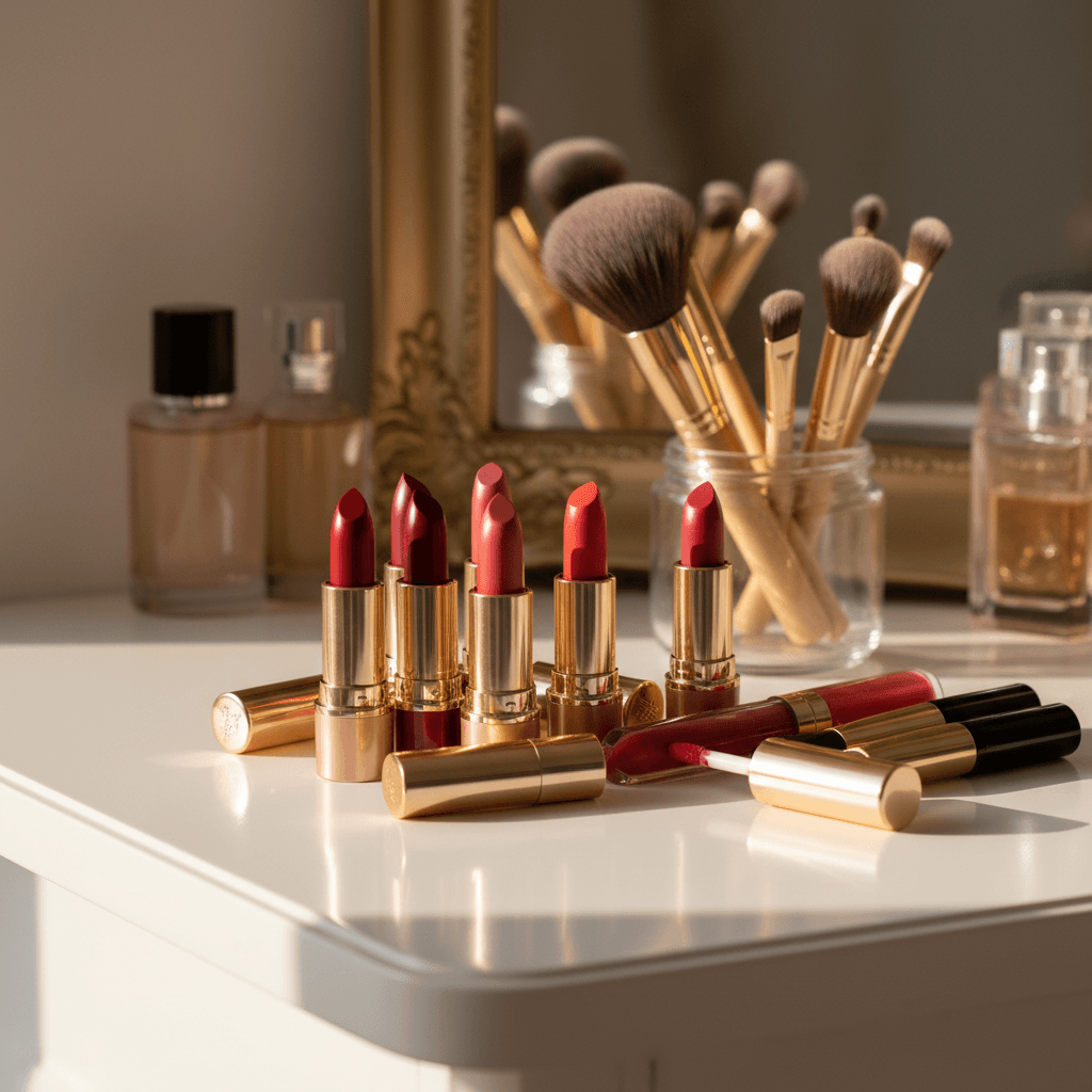 Lipsticks and makeup brushes on a vanity table