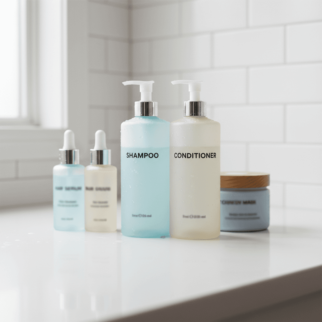 Hair product bottles lined up
