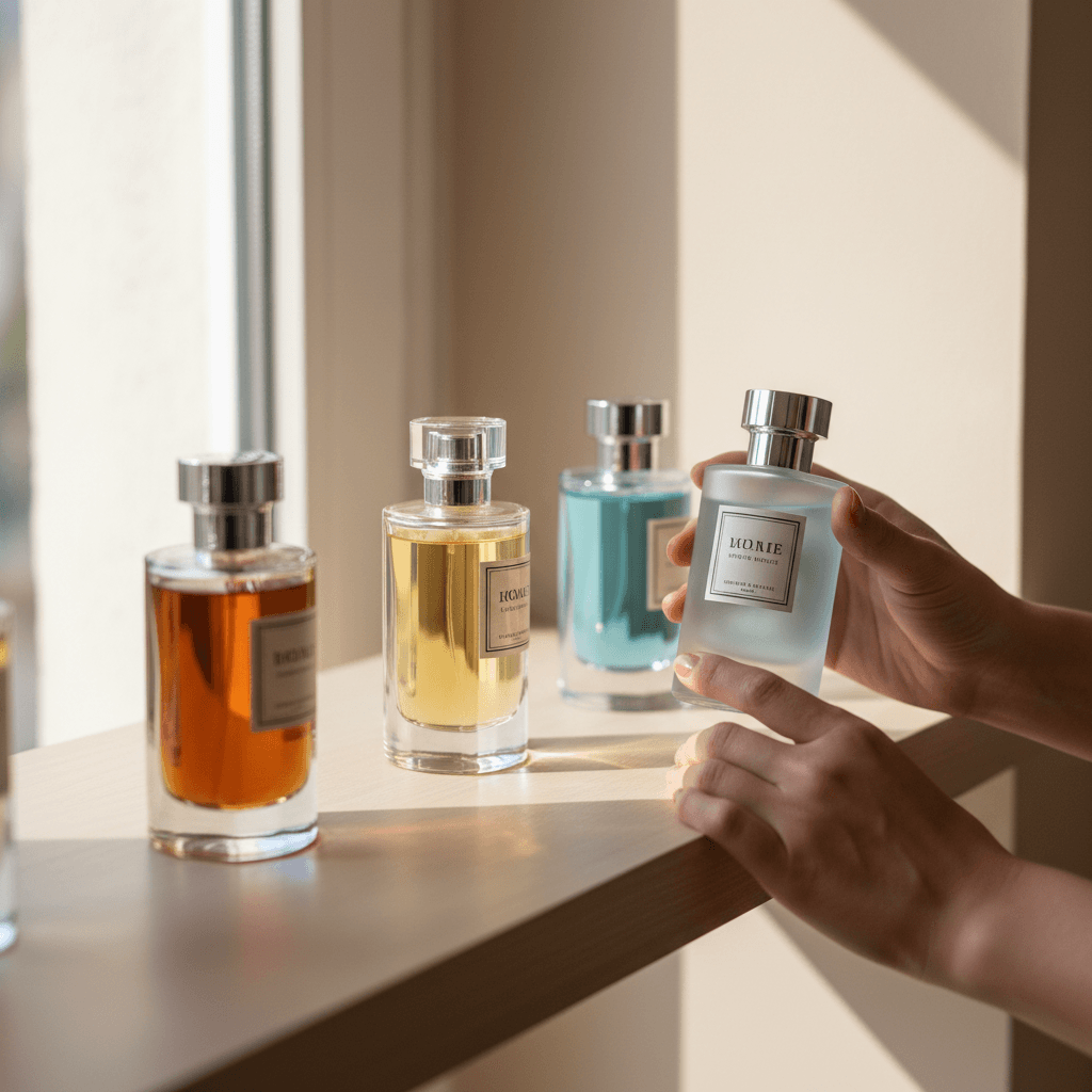 Perfume bottles on a glass shelf