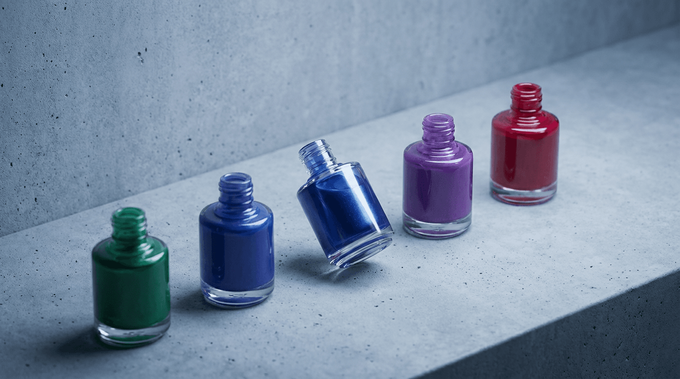 Bright nail polish bottles on marble